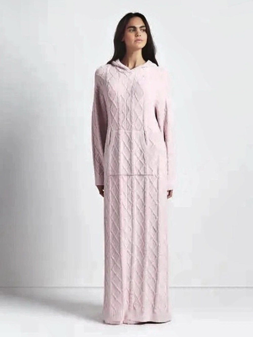 SKIMS Cozy Knit Long Hooded Cable knit dress Pink S